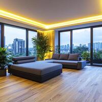 A modern living room with a large window and wooden floor photo