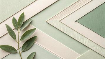 Eucalyptus sprig rests on textured neutral paper layers, creating a soothing and stylish abstract composition photo
