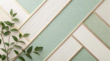 A botanical branch with green leaves rests across pastel geometric patterns and tan frames photo