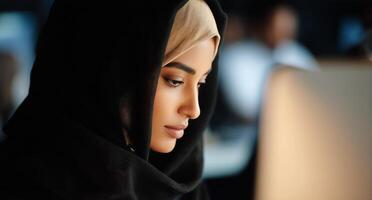 A woman in a hijab is looking at her computer screen photo