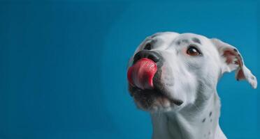 A dalmatian dog with its tongue out on a blue background photo