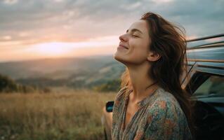 A woman is looking up at the sky while sitting in front of a car photo