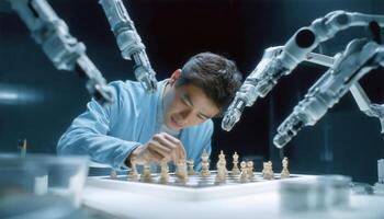 A man playing chess with robots photo