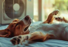 A dog laying on its back with its paws up in front of an air conditioner photo