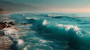 A beautiful beach with waves and a mountain in the background photo