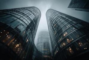 Two tall buildings in the fog with lights on photo
