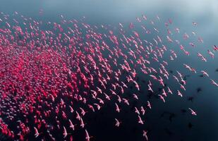A flock of pink flamingos flying over a lake photo