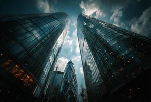 Two tall buildings with windows and sky in the background photo