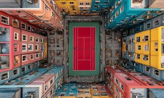 A tennis court is seen from above in a multi - colored building photo