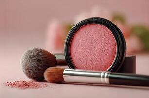 Makeup brushes and blush on a pink background photo
