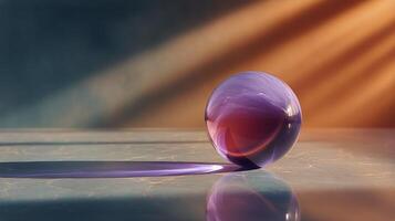 A purple glass ball sitting on a table photo