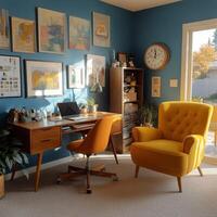 A room with a desk, chair, and a window photo