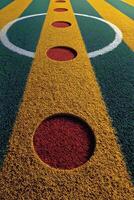 A soccer field with a red and yellow stripe photo