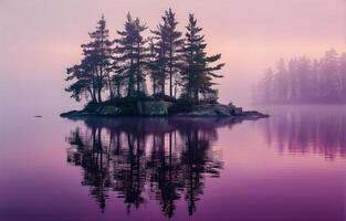 A purple sky and foggy water with trees on an island photo