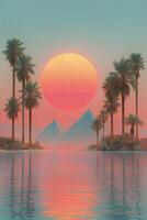 An artistic painting of palm trees and the sun setting over the water photo