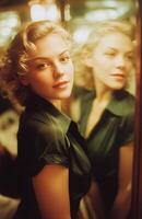 A woman looking at herself in a mirror photo