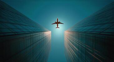 An airplane flying through the sky between two tall buildings photo