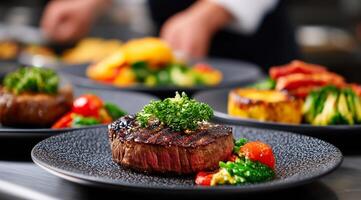 A chef preparing a steak on a plate photo