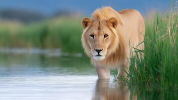 A lion walking through water near grass photo