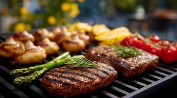 Grilled steaks and vegetables on a grill photo