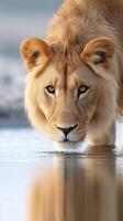 A lion drinking water from a river photo