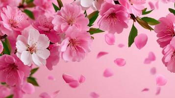 Pink cherry blossoms are falling from the branch photo