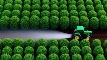 A tractor spraying water on a field of green trees photo