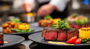 A chef preparing food on a plate with a steak photo