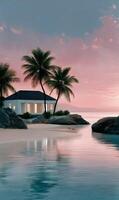 A beach house with palm trees and a pink sky photo