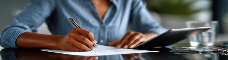 A woman is signing a contract on a table photo