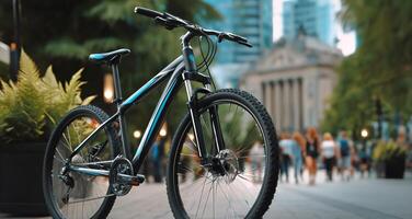 A bicycle parked on the side of a street photo