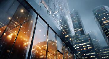 A cityscape with many tall buildings and lights photo