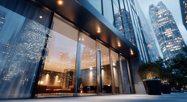 A modern building with glass walls and a city skyline photo