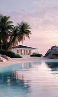 A tropical beach with a house and palm trees photo