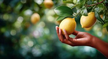 A person holding a lemon on a tree branch photo
