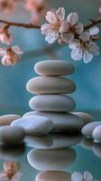 A stack of stones with a cherry blossom in the background photo