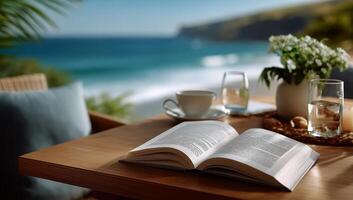 A book on a table with a cup of coffee and a vase of flowers on the beach photo