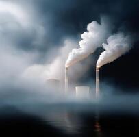Fog and smoke coming out of two chimneys photo