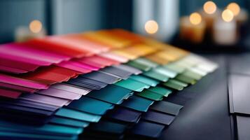 A stack of colored paper with candles in the background photo