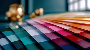 Color swatches on a table with a gold object photo