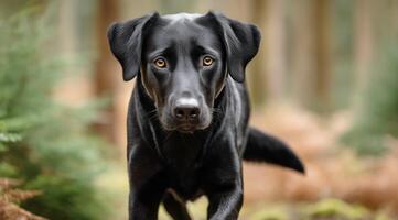 A black dog running through the woods photo