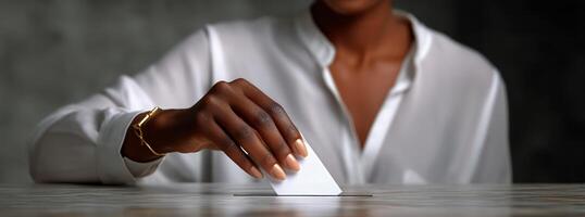 A woman putting a piece of paper into a voting box photo