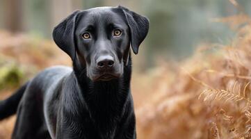 A black dog is standing in the woods photo