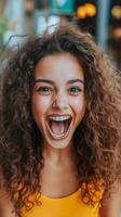 A woman with curly hair is making a funny face photo