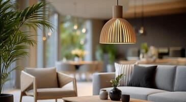 A modern living room with a wooden lamp hanging over it photo