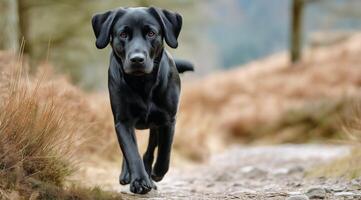 A black dog running on a trail in the woods photo