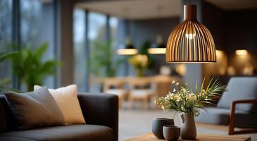 A living room with a wooden lamp hanging over it photo