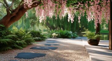 A walkway with a tree under a canopy of pink flowers photo