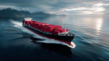 A cargo ship is traveling through the ocean photo