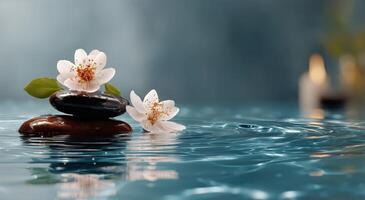 Spa stones and flowers in water with candles photo